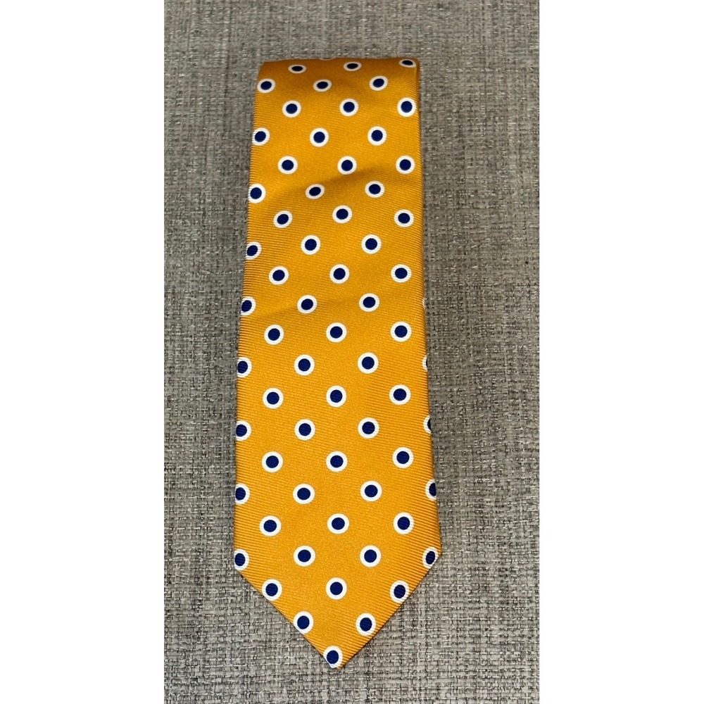 Seaward & Stearn London Yellow Polka Dot Silk Tie Handmade England Navy Blue